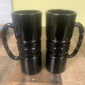 Set Of 2 Vintage Tiara Indiana Black Glass Ribbed Mug Cylinder Stein Tankard - Picture 1 of 3
