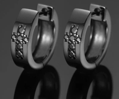 Pendientes tipo argolla de diamantes negros creados de corte redondo de 2 quilates para hombre enchapados en negro de plata de 14 k Foto 1 de 4