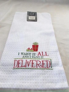 New C & F Kitchen Dish Towel White 26" x 16" Christmas Presents Want Delivered - Picture 1 of 1