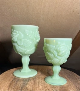 Pair of Vintage Fenton LG Wright Glass Madonna Inn Wild Rose Jadeite Goblets - Picture 1 of 14