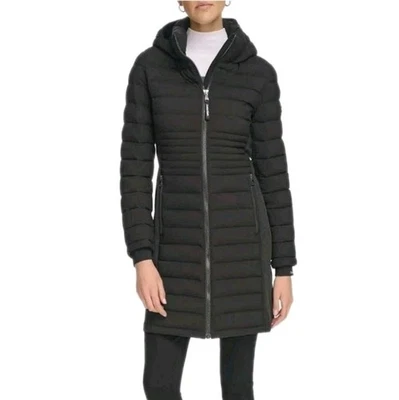 CALVIN KLEIN size XL Sorona Aura Long Length Quilted Puffer Hooded Jacket Black - Image 1 of 4