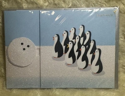 Tarjeta de Navidad Papiro 2010 Bowling Penguins Strike Up Divertido Brillo Iridiscente Foto 1 de 4