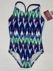 Kanu Surf Toddler Girls Blue/Green Geometric Print Stretch One Piece Swimsuit 4 - Picture 1 of 5
