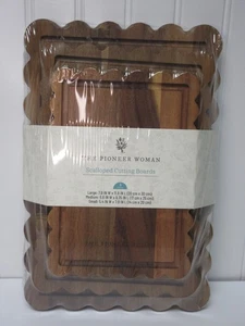 Pioneer Woman Scalloped Cutting Boards Kitchen Board 3pc Set  Acacia Wood New - Picture 1 of 17