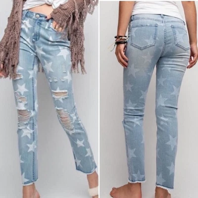 Pantalones de mezclilla desgastados con estampado de estrellas de caballete talla pequeña Foto 1 de 4