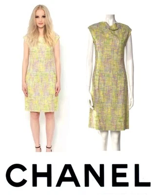 Chanel Vintage 1998 Yellow Pink Tweed Work Party Dress 34 36 38 2 4 6 Logo S M - Image 1 of 4