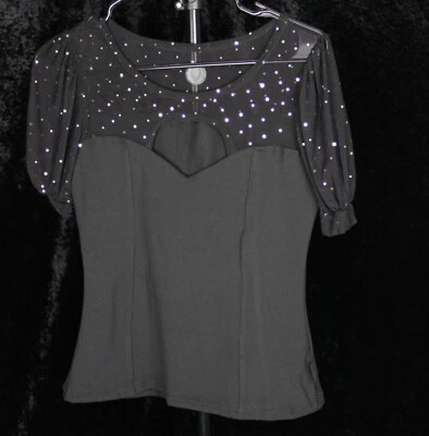 Cyberdog Black Puff Short Sleeve Top w/ Sparkle Mesh and Keyhole Details, Size M - image 1 of 3