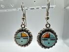 Zuni Turquoise Coral Sunface Sterling Silver Earrings Dangle Native American