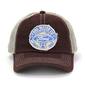 Ford Motor Co Distressed Patch Brown Snapback Trucker Hat Baseball Ball Cap Mesh - Picture 1 of 5