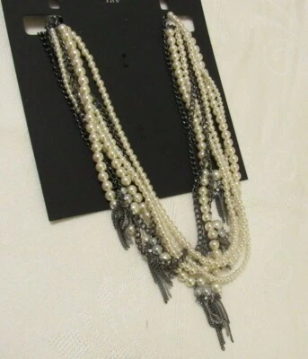 NWT WOMEN M. HASKELL MULTI- LAYERS PEARLS / CHAIN  HEMATITE STATEMENT NECKLACE - Image 1 of 4