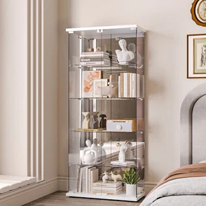 5 Shelf Glass Display Cabinet Curio White w/Mirror Bookshelf Trophy Case New - Picture 1 of 11