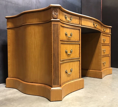 Elegant Maitland-Smith Satinwood Partner’s Desk With Tooled Leather Top Cover