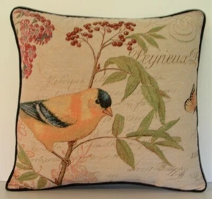 Goldfinch Bird Sitting On Tree Branch w/ Butterfly, Words, Tapestry Pillow- New! - Picture 1 of 10