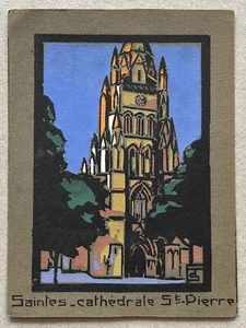Gravure Pochoir Art Déco Vue Touristique Ancienne Paysage Saintes Cathédrale - Imagen 1 de 8