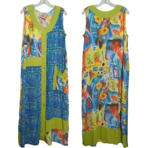 Pomegranates In The Sun Geometric floral Art colorful Vintage Maxi Rayon dress M - Picture 1 of 15