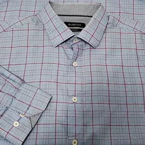 Camicia elegante Bugatchi a forma di vestibilità con bottoni davanti manica lunga blu a quadri taglia L - Foto 1 di 5