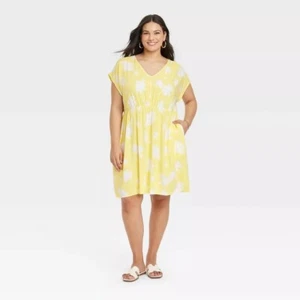 Ava & Viv Short Sleeve V-Neck Mini A-Line Dress Women Plus Size 2X Yellow Floral - Picture 1 of 9