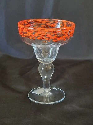 Artland Inc Hand Blown Margarita Glass Confetti Orange Red Rimmed Gorgeous  - Image 1 of 4