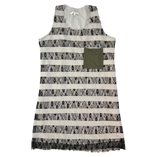 Abito Celine A Line nero pizzo a righe marrone chiaro fodera senza maniche tasca quadrata taglia L