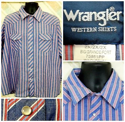 Мужские Wrangler 2 X хлопковая смесь LS West защелки синий красный полоски I28 - Изображение 1 из 4