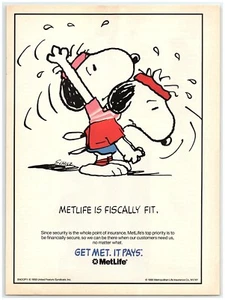 Anuncio impreso MetLife Snoopy 1992, diadema Beagle ejercicio ajuste fiscal Schulz sudor - Imagen 1 de 1