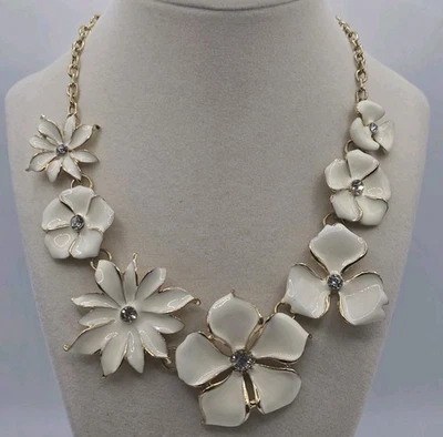 Statement Necklace Cream Enamel Flower Gold Tone Crystal Rhinestone Center - Image 1 of 4