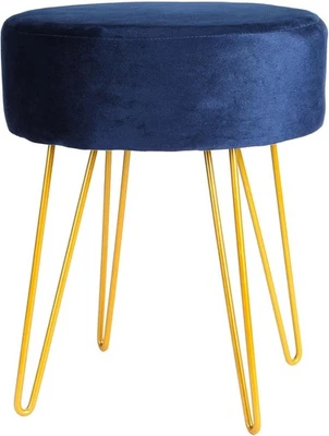 Blue Velvet Round Footstool with Gold Metal Legs – Modern Compact Pouffe - Image 1 of 4