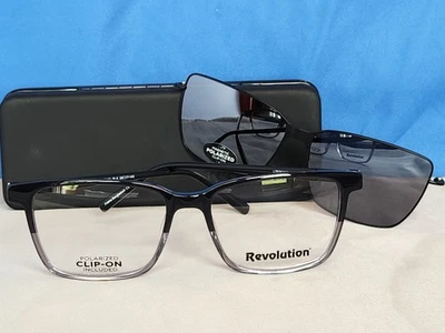New Revolution Eyeglass Frame w/ Magnetic Sun Clip Kevin Black Plastic 56-17-145 - Image 1 of 4