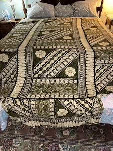 Mid Century Tapa Rinden Tuch Aufstrich Pacific Islands Tribal Floral • Avocado/Schwarz - Bild 1 von 15