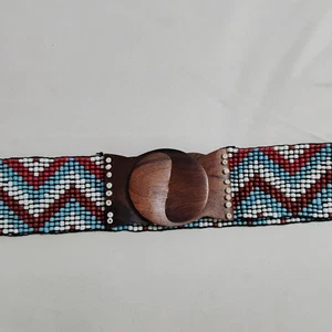 Boho Beaded Stretch Belt  With Rustic Wooden Clasp Buckle Chevron Pattern Beads - Picture 1 of 7