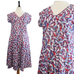 Vintage 1980s Abstract Dress Cap Sleeve Casual Pleated Skirt Retro Day Dress 14 - Picture 1 of 6
