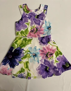 Childrens Place Girls Floral Watercolor Dress Size 6 Purple Green Spring Silky - Picture 1 of 8