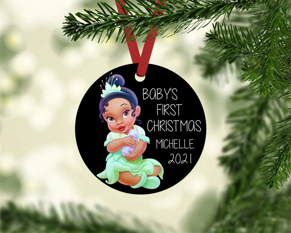 PRINCESS TIANA BABY'S FIRST CHRISTMAS 2021 METAL ORNAMENT PERSONALIZED W/ NAME - Image 1 of 1