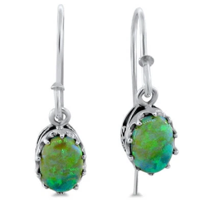 VICTORIAN STYLE LAB-CREATED GREEN FIRE OPAL 925 STERLING SILVER EARRINGS    263X - Image 1 of 3