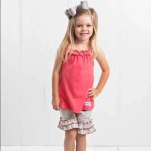 Boutique "Ruffle Girl" Pink & Silver Ruffle Neck Tank & Short Set 3T 4 5 6 8 10 - Picture 1 of 3