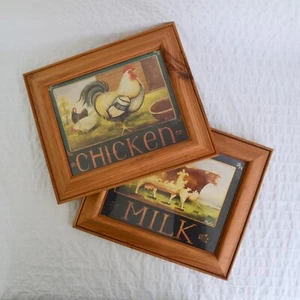 Vintage 1990's Farm Animal Prints, Naïve Cow Chicken Wooden Framed Art Prints 2 - Picture 1 of 13