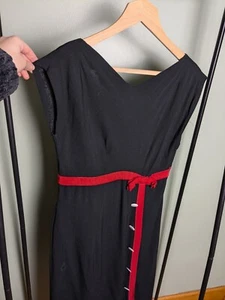 As Is 1960s Black Wiggle/ Pencil Dress With Red Ribbon And Buttons Pin Up - Picture 1 of 9