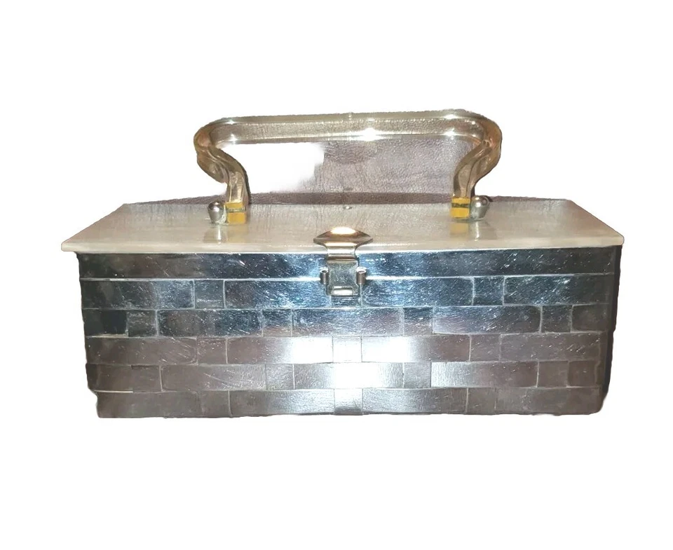 DORSET REX Basket Weave Stainless Steel Box PURSE w/Clear Pearl Lucite Lid 1950s - Image 1 of 4