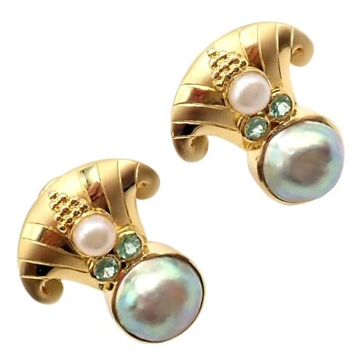 Rare! Vintage Paula Crevoshay 18k Gold Abalone Pearl Blue Gemstone Earrings OOAK - Image 1 of 4