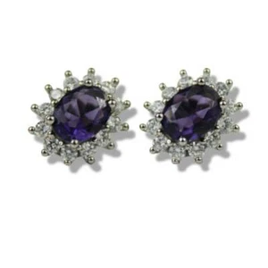 WHITE GOLD FINISH Purple Amethyst Oval Cut Created Diamond Cluster Stud Earrings - Picture 1 of 6