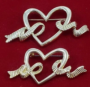 Valentine's Heart Brooch Pin Lot Gold Tone Mom & Daughter Size Ribbon Unique  - Picture 1 of 4