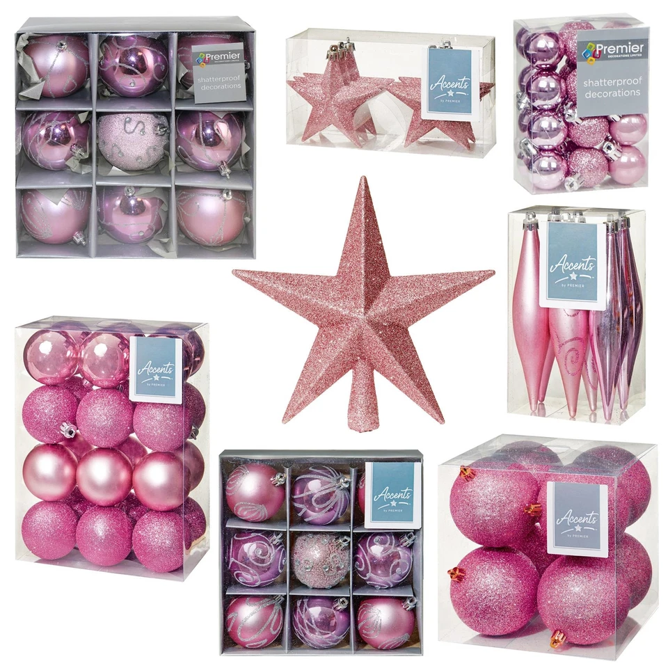 PREMIER DECORATIONS Christmas Shatterproof Tree Decorations Pink - Choose Design