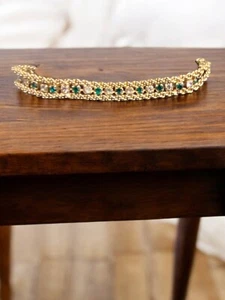 Green And Clear Crystal Rhinestone Gold Tone Bracelet Secure Clasp Closure - Picture 1 of 4