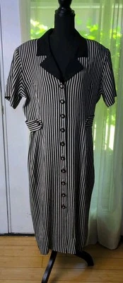VTG Dawn Joy Maxi Dress Button Up Ivory Black Striped Classic Women's 13/14 - Image 1 of 4