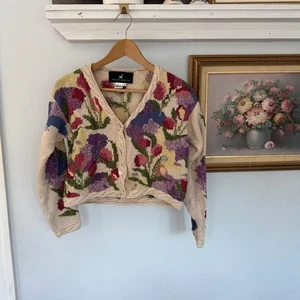 Peruvian Connection Pima Cotton Floral Knit Cardigan Sweater – Size S Cream - Picture 1 of 9