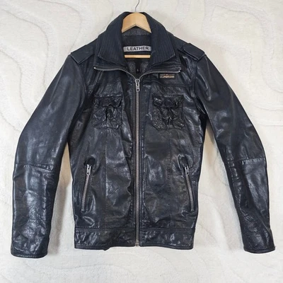 Superdry Ryan Black Leather Jacket Men's Large Biker Style Coat Pockets Zip - Image 1 of 4