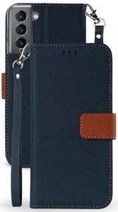 Navy/Brown Wallet Case Credit Card Slot Lanyard Strap for Samsung Galaxy S21 5G - Picture 1 of 8