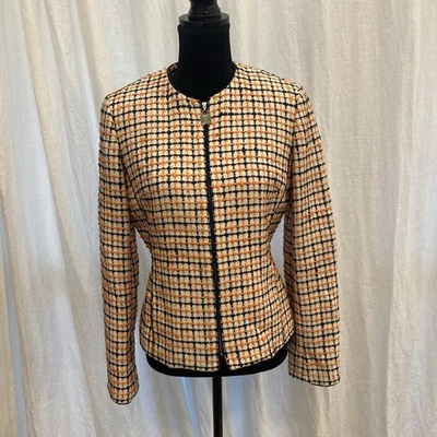 Chaqueta Blazer Doncaster Para Mujer, Bonita Cuadros en Melocotón Y Azul Marino, Talla 6, 100% Seda Foto 1 de 4