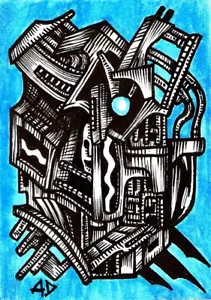 ACEO - Outsider Art ORIGINAL ARTWORK Abstract Modern Surreal - BLUE ENGINE - Picture 1 of 4