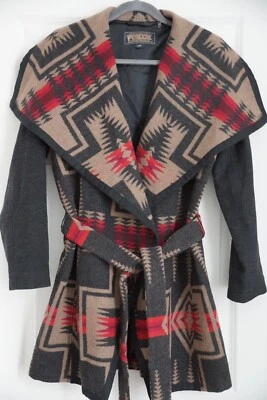 Pendleton Harding Collared Belted Tribal Wool Coat Black Red Tan S/P - Image 1 of 4